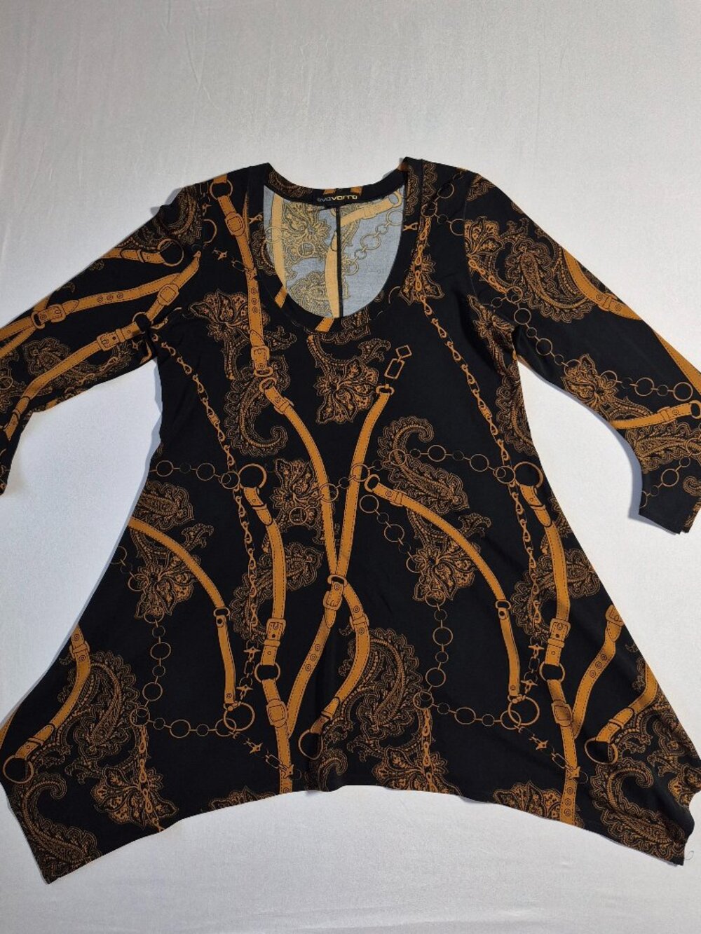 Eva Varro Womens Equestrian Chain Print Sharkbite Tunic Top Blouse 3/4 Sleeves M